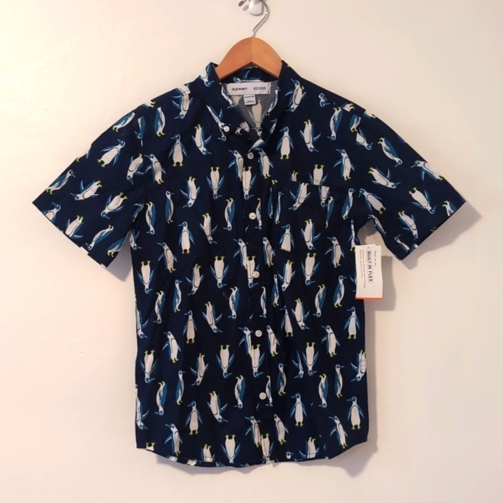 New Old Navy Button Up Short Sleeve Flex Penguin Shirt Navy Blue XL 14-16